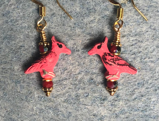 Small red ceramic cardinal bead earrings adorned with red Chinese crystal beads.