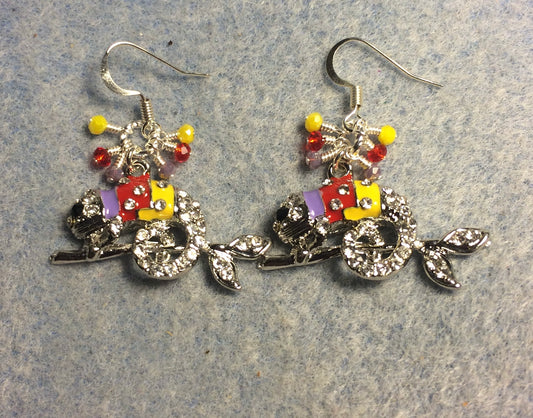 Silver and violet, red, and yellow enamel and rhinestone chameleon charm earrings adorned with small dangling violet, red, and yellow Chinese crystal beads.