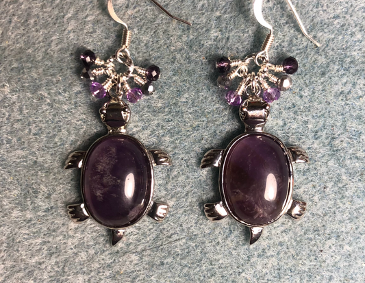 Large silver and purple amethyst gemstone turtle charm earrings adorned with small dangling purple and silver Czech glass beads.