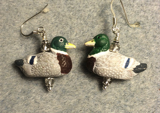 Gray, green, and brown ceramic duck bead earrings adorned with gray Chinese crystal beads.