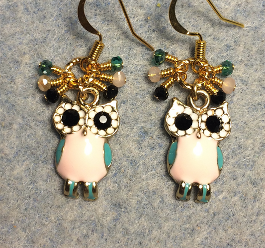 Peach, teal, and black enamel and rhinestone owl charm earrings adorned with tiny dangling peach, teal, and black Chinese crystal beads.