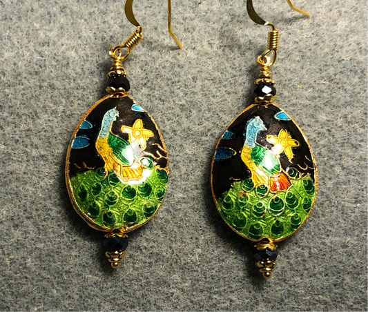 Black, green, and amber cloisonné peacock bead earrings adorned with black Chinese crystal beads.