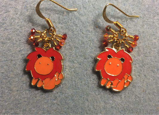 Red and orange enamel lion charm earrings adorned with tiny dangling red and orange Chinese crystal beads.