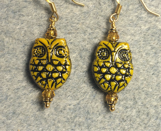 Topaz (with black wash) Czech glass owl bead earrings adorned with topaz Chinese crystal beads.