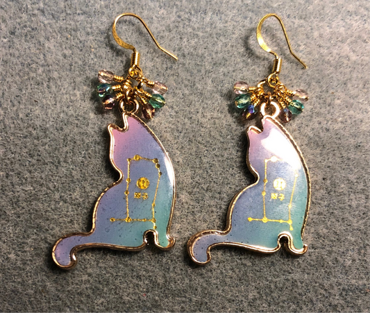 Pink, violet, and turquoise enamel cat charm earrings adorned with tiny dangling pink, violet, and turquoise Czech glass beads.