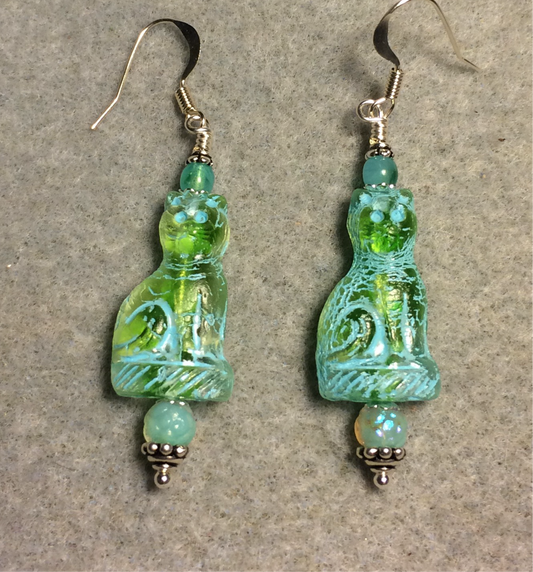 Translucent light green (with turquoise inlay) fancy Czech glass fancy cat bead earrings adorned with aqua green Czech glass beads.