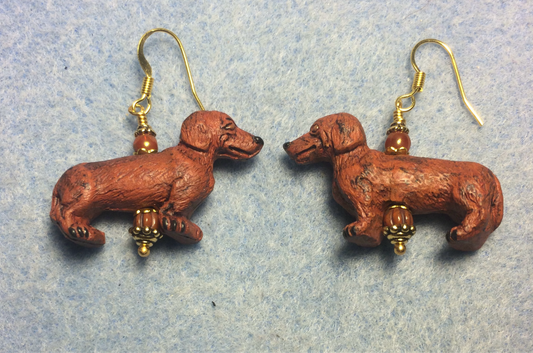 Reddish brown ceramic dachshund bead earrings adorned with reddish brown  Czech glass beads.
