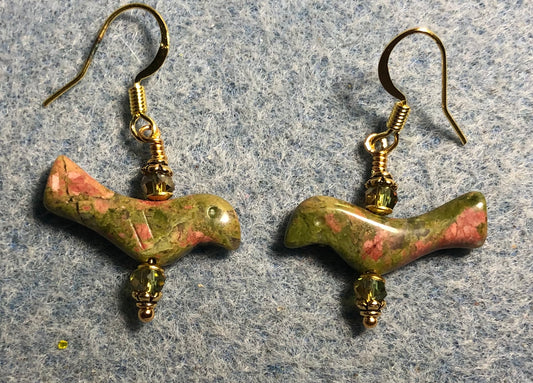 Small orange and green unakite gemstone bird bead earrings adorned with small sparkling green Chinese crystal beads.