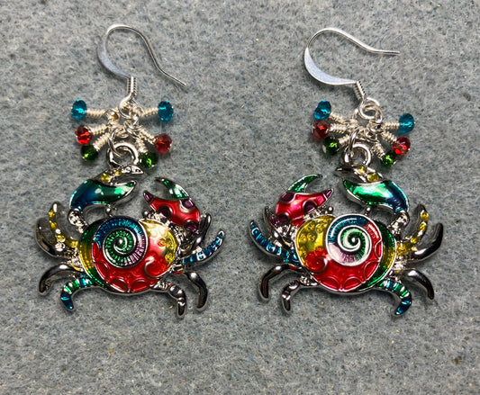 Silver and multicolored enamel crab charm earrings adorned with tiny dangling turquoise, red, and green Chinese crystal beads.