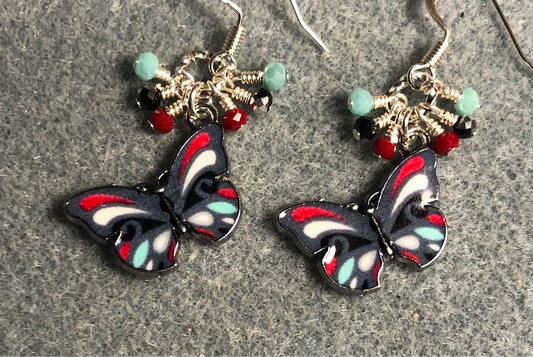 Red, black, and aqua enamel butterfly charm earrings adorned with tiny dangling red, black, and aqua Chinese crystal beads.