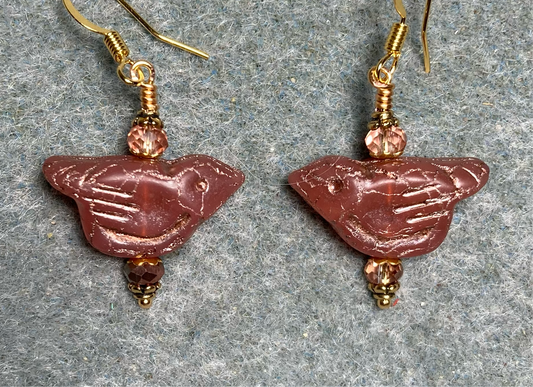 Cinnamon (with copper wash) Czech glass bird bead earrings adorned with gold Chinese crystal beads.
