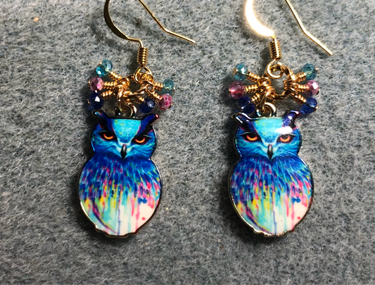 Blue, pink, and turquoise enamel owl charm earrings adorned with tiny dangling blue, pink, and turquoise Chinese crystal beads.