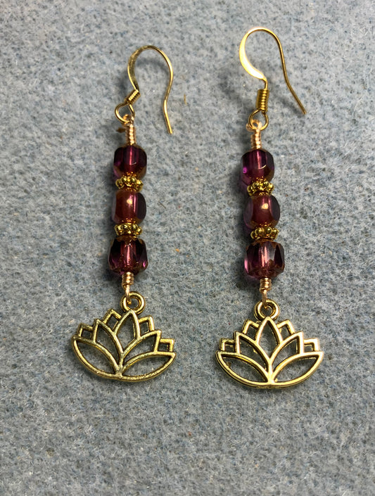 Gold lotus flower charm earrings adorned with purple violet Czech glass beads