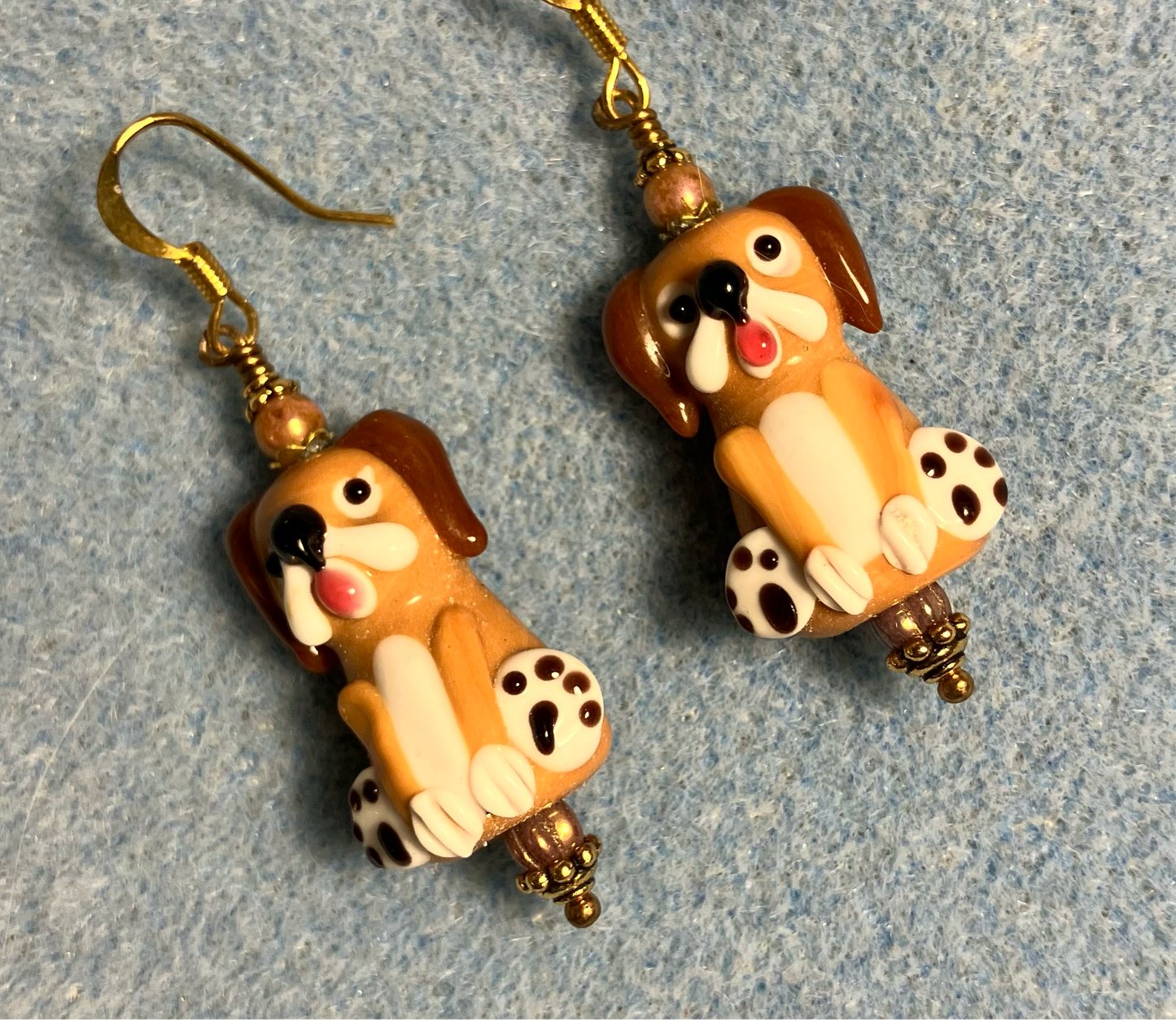 Brown and tan lamp work puppy dog bead earrings adorned with tan Czech glass beads.