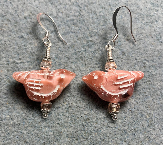 Light pink (with light pink wash) Czech glass bird bead earrings adorned with light pink Chinese crystal beads.