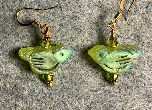 Lime green (with gold wash) Czech glass bird bead earrings adorned with lime green Chinese crystal beads.