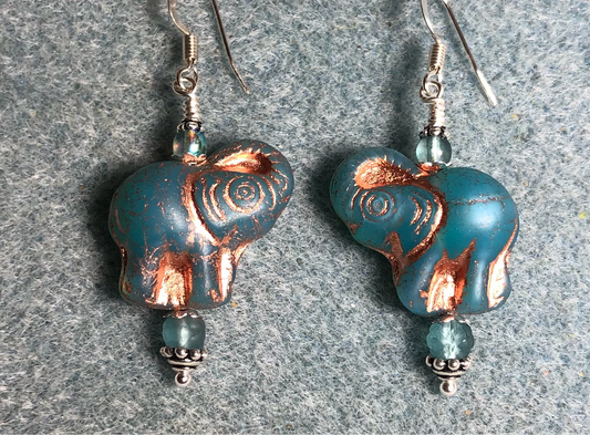 Opaque aqua (with copper inlay) Czech glass elephant bead earrings adorned with aqua Czech glass beads.