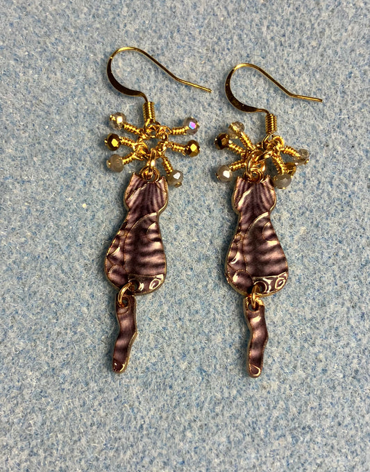 Brown and gold enamel tabby cat charm earrings adorned with tiny dangling brown, tan, and gold Chinese crystal beads.