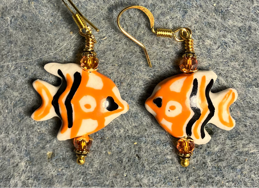 Orange and black ceramic angelfish bead earrings adorned with orange Chinese crystal beads.