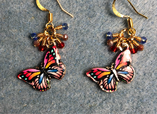 Red, purple, and blue enamel butterfly charm earrings adorned with tiny dangling red, purple, and blue Chinese crystal beads.