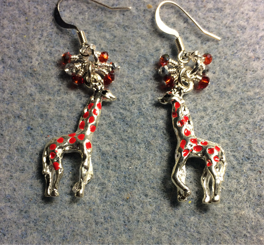 Silver and red enamel spotted giraffe charm earrings adorned with tiny dangling silver and red Chinese crystal beads.