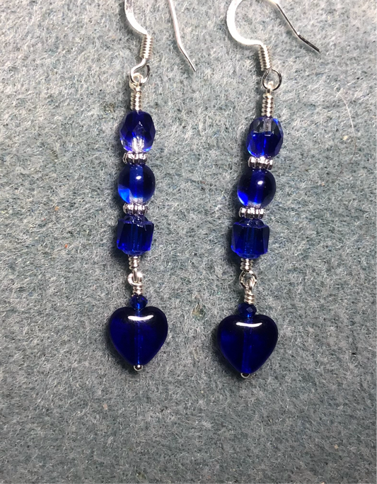 Small dark blue Czech glass heart bead earrings adorned with dark blue Czech glass beads.