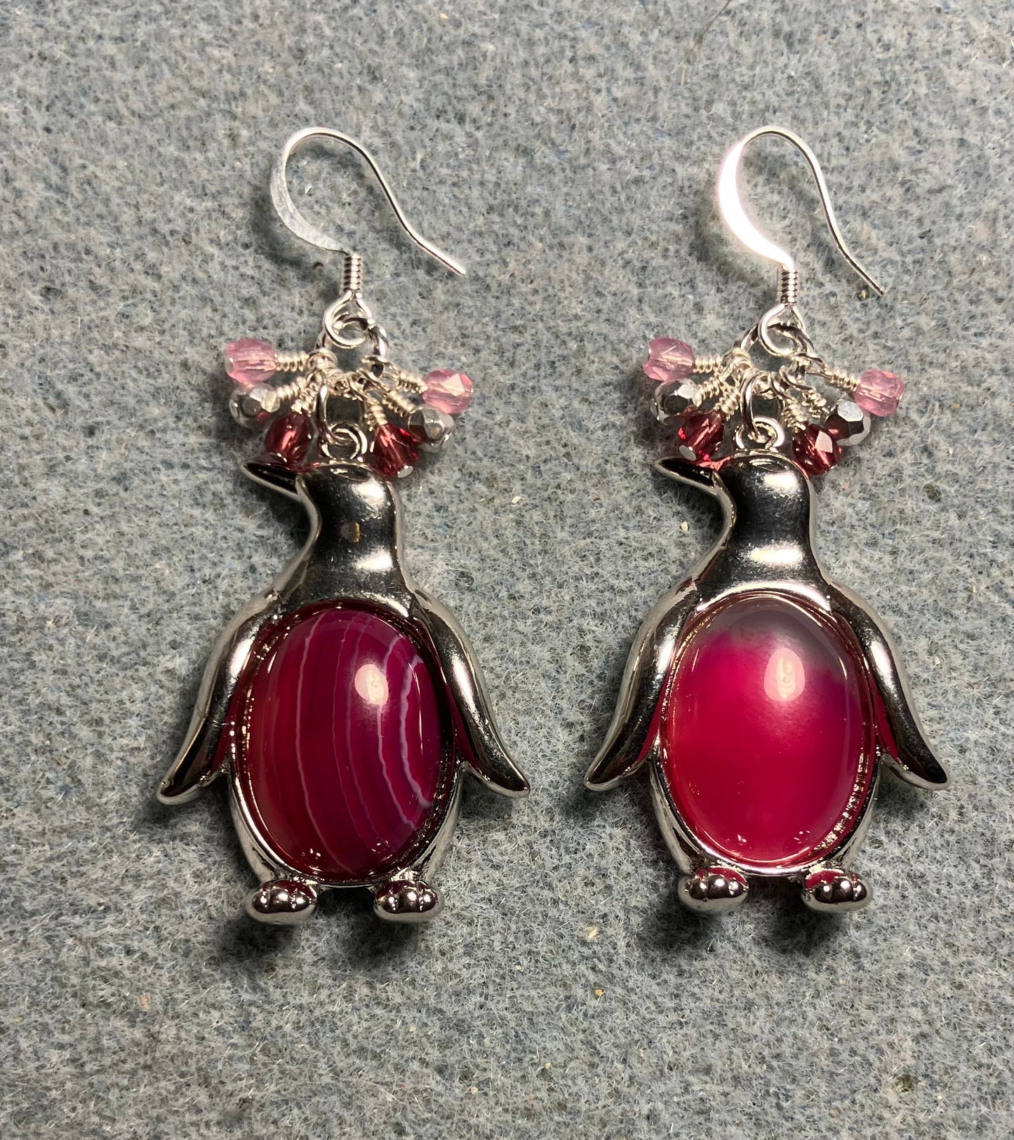 Large silver and pink agate gemstone penguin charm earrings adorned with small dangling pink and silver Czech glass beads.