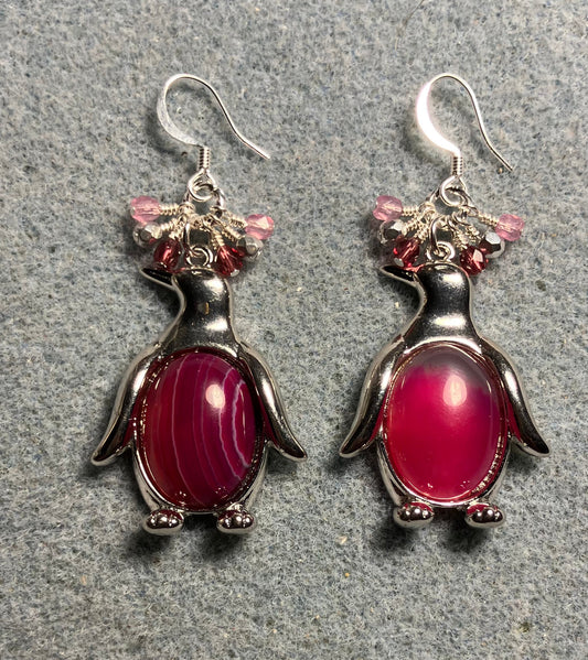 Large silver and pink agate gemstone penguin charm earrings adorned with small dangling pink and silver Czech glass beads.
