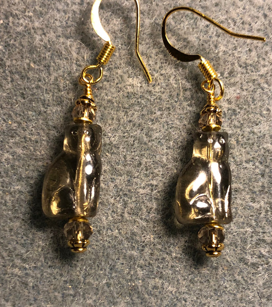 Small translucent gray Czech glass cat bead earrings adorned with gray Chinese crystal beads.