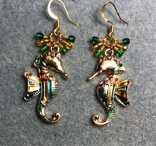 Large turquoise, green, and amber enamel seahorse charm earrings adorned with small dangling turquoise, green, and amber Czech glass beads.