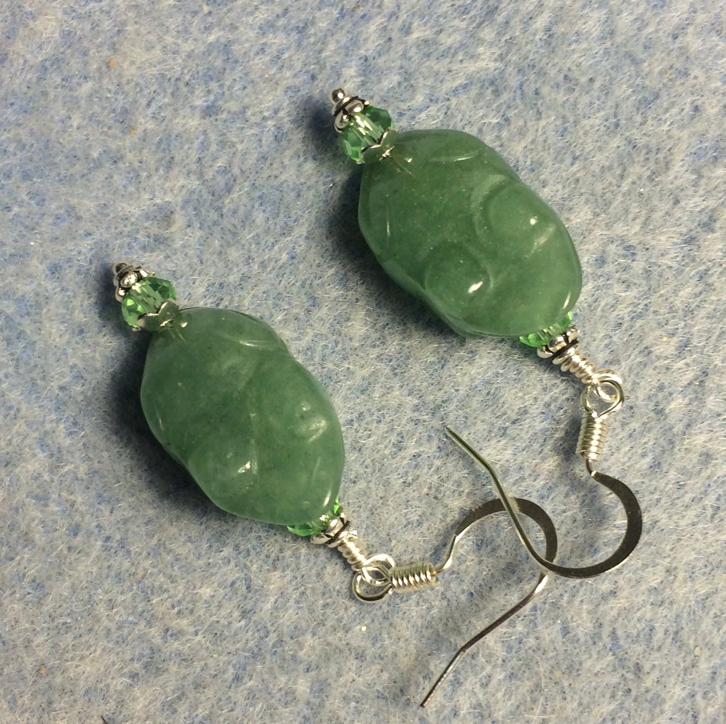 Small green aventurine gemstone frog bead earrings adorned with light green Chinese crystal beads.