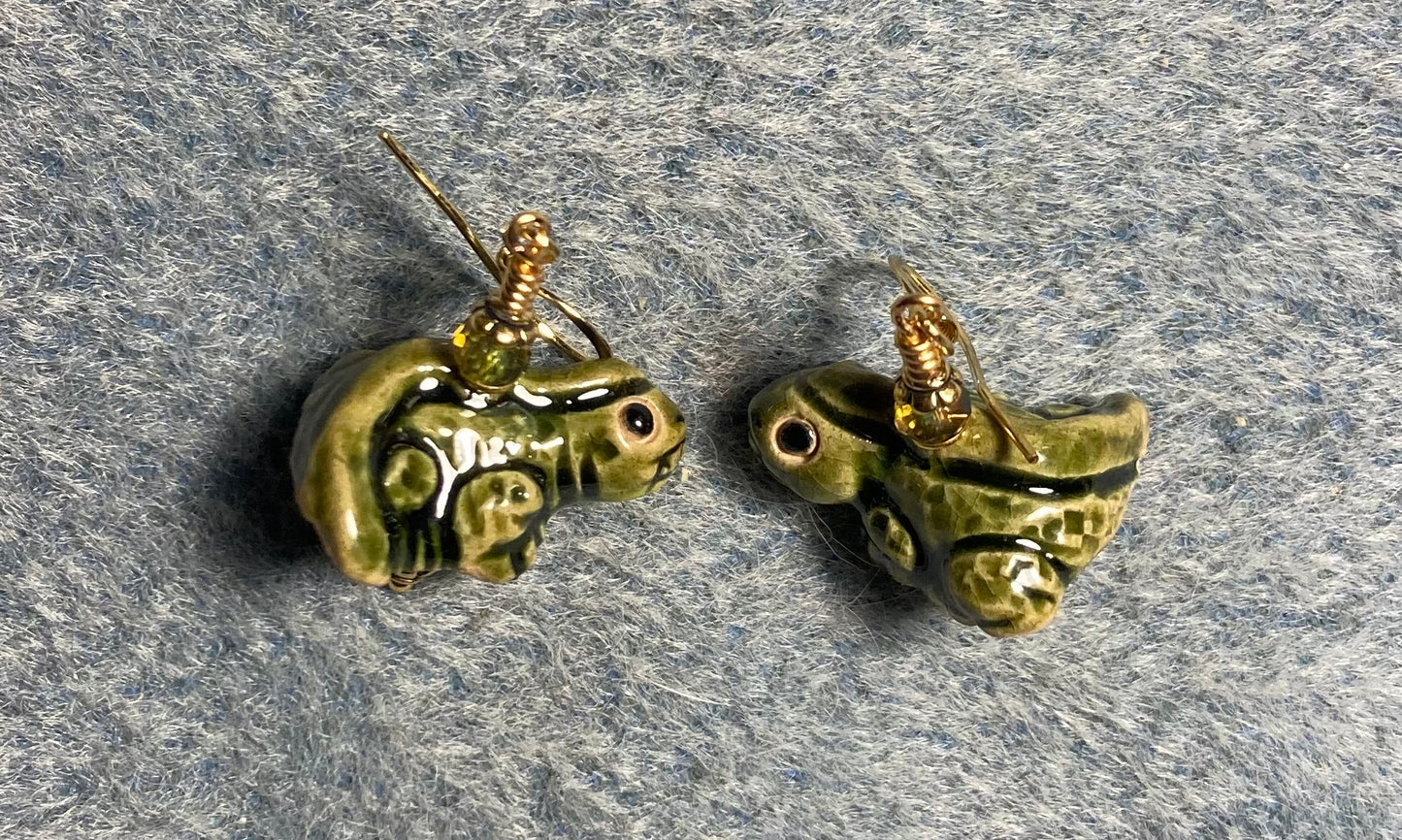Small olive green ceramic lizard bead earrings adorned with sparkly olive green Chinese crystal beads.