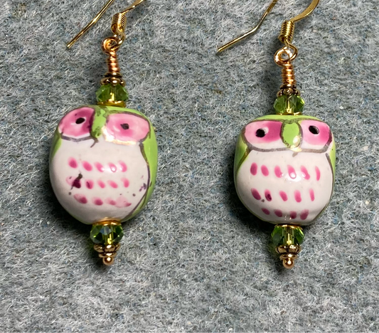 Lime green and pink ceramic spotted owl bead earrings adorned with lime green Chinese crystal beads.