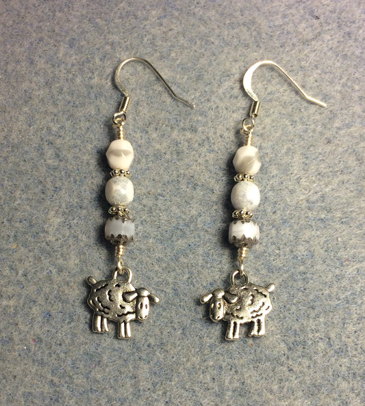 Silver sheep charm earrings adorned with gray and white Czech glass beads