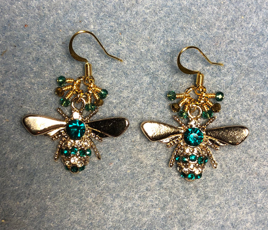 Teal and gold rhinestone honeybee charm earrings adorned with tiny dangling teal and gold Chinese crystal beads.