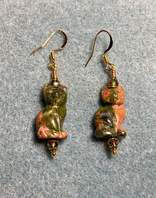 Green and orange unakite gemstone cat bead earrings adorned with sparkly green Chinese crystal beads.