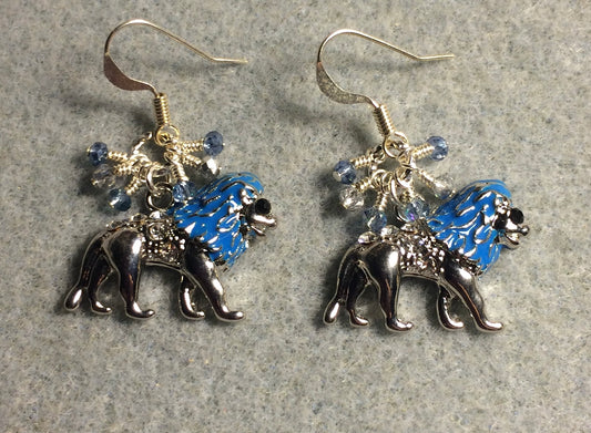 Silver and blue enamel and rhinestone lion charm earrings adorned with tiny dangling blue and silver Chinese crystal beads.