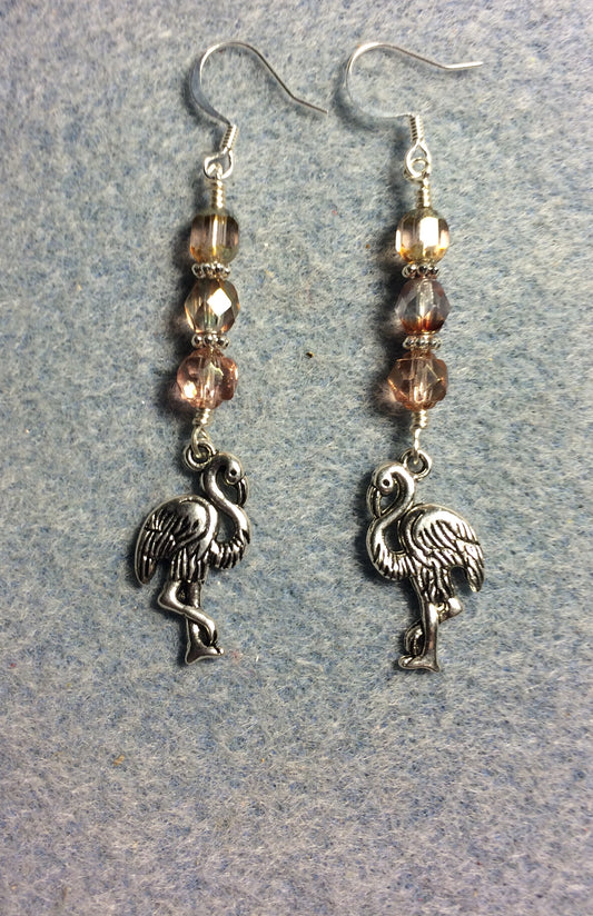 Silver flamingo charm earrings adorned with rose gold Czech glass beads