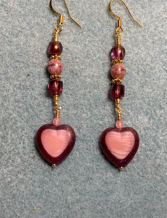 Purple and pink Czech glass heart bead earrings adorned with purple and pink Czech glass beads.