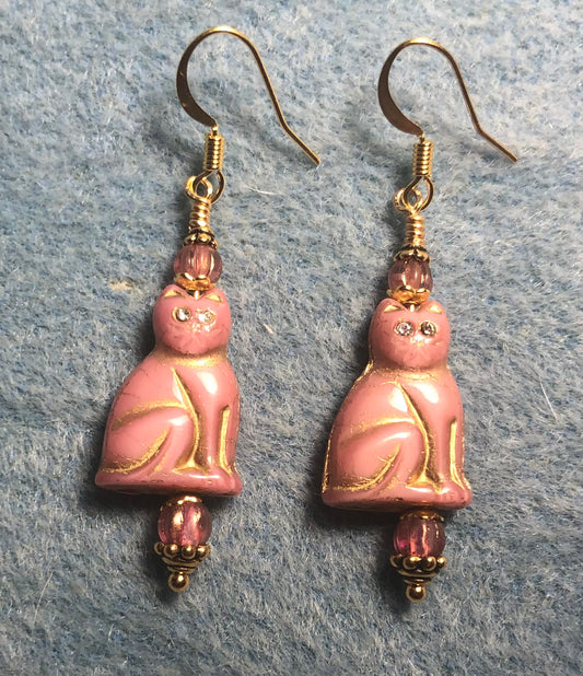 Pink (with gold inlay) Czech glass cat bead earrings adorned with pink Czech glass beads.