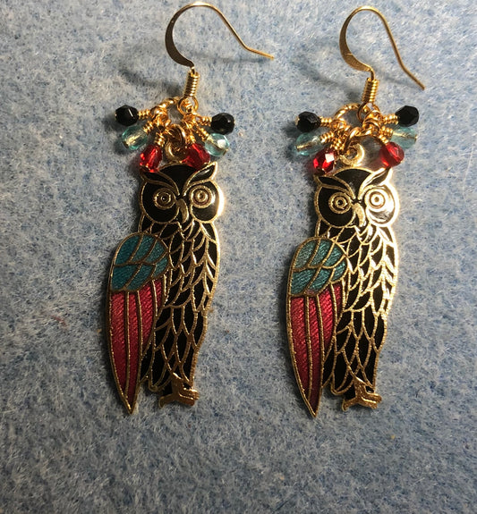 Vintage black, aqua, and red cloisonné owl charm earrings adorned with small dangling black, aqua, and red Czech glass beads.