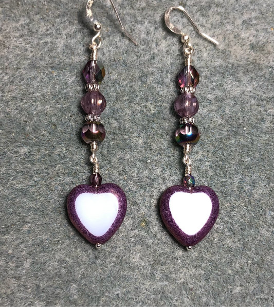 Violet and white Czech glass heart bead earrings adorned with violet Czech glass beads.