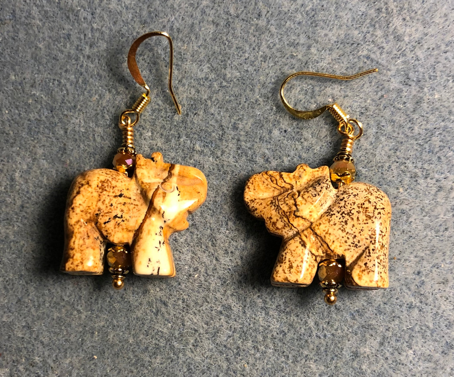 Tan picture jasper gemstone elephant bead earrings adorned with tan Chinese crystal beads.