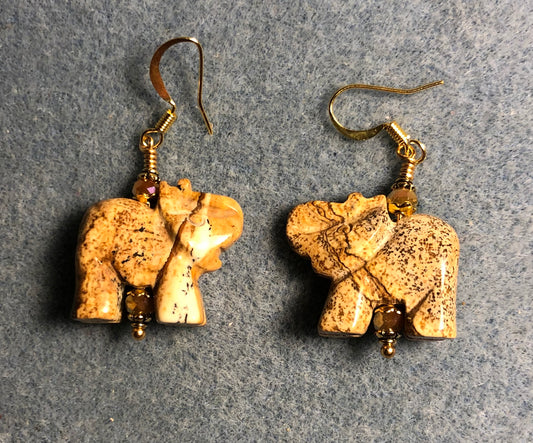 Tan picture jasper gemstone elephant bead earrings adorned with tan Chinese crystal beads.