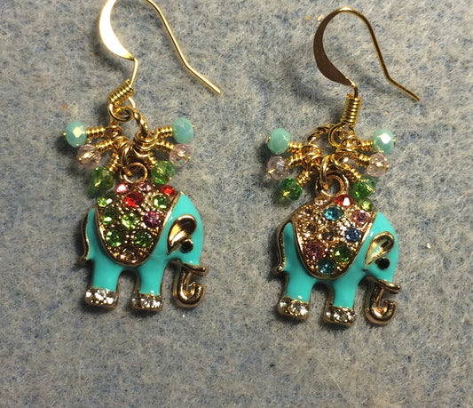 Aqua enamel and colorful rhinestone elephant charm earrings adorned with tiny dangling aqua, pink, and green Chinese crystal beads.