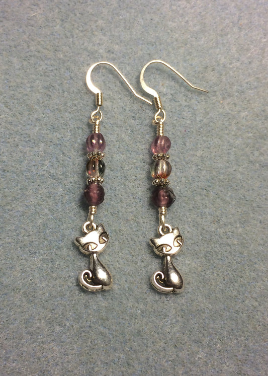 Small silver cat charm earrings adorned with small violet Czech glass beads