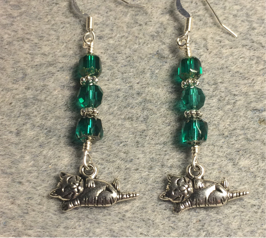 Silver sleeping cat charm earrings adorned with teal Czech glass beads