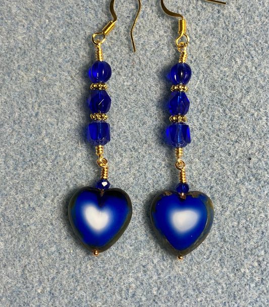 Dark blue Czech glass heart bead earrings adorned with dark blue Czech glass beads.