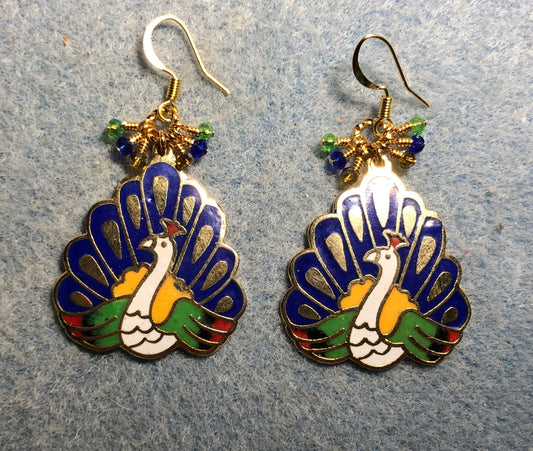 Dark blue, green, and amber cloisonné peacock charm earrings adorned with tiny dark blue, green, and amber Chinese crystal beads.