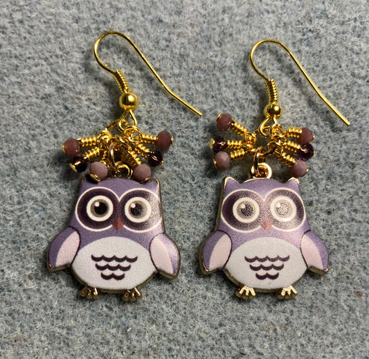 Violet and purple enamel owl charm earrings adorned with tiny dangling violet and purple Chinese crystal beads.
